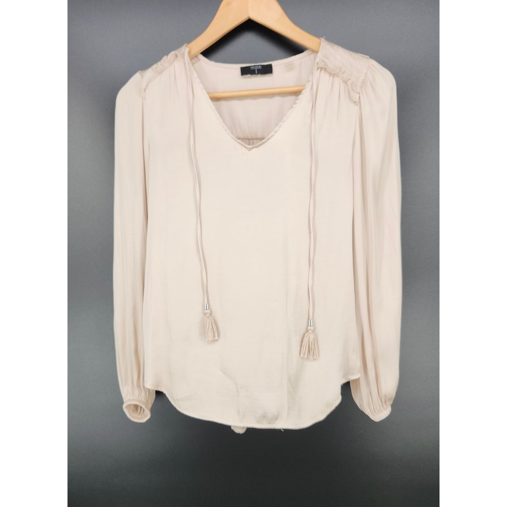 Tahari Womens XS Champagne Beige V-Neck Tassel Tie Long Sleeve Blouse Top